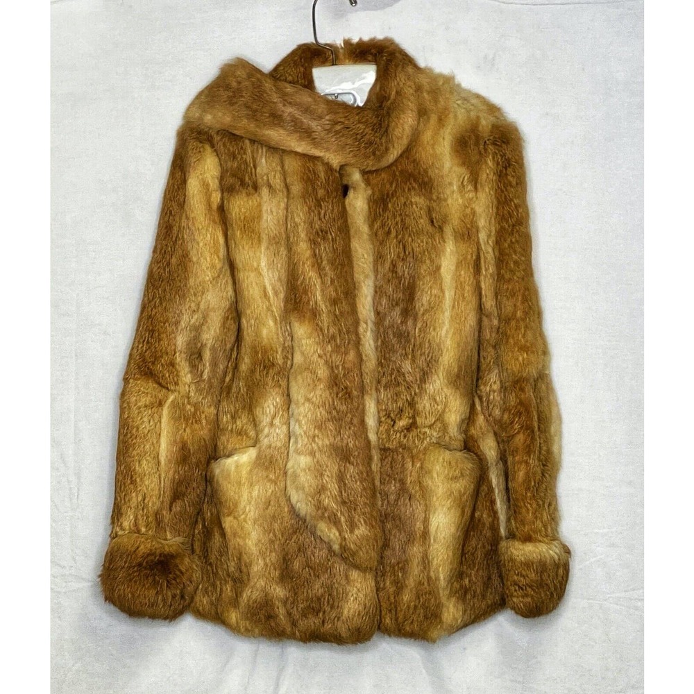 Tan brown Rabbit Fur Coat Jacket Attached Scarf Size Medium Vintage 1970s 1980s